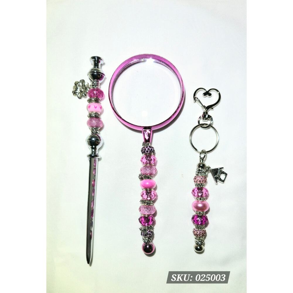 Three Piece Handmade Bright Pink Beaded Desk 
Accessory 
Set